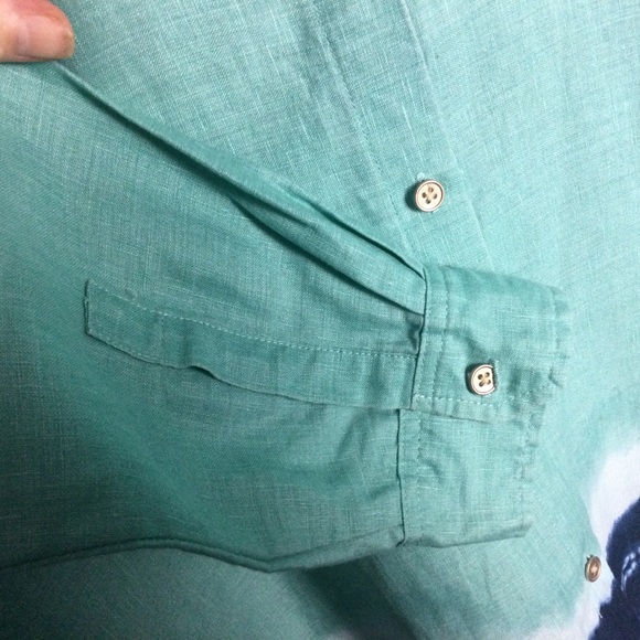 Donna Karan Shirt Large Linen Button Up Blues Teal Navy - Picture 12 of 12